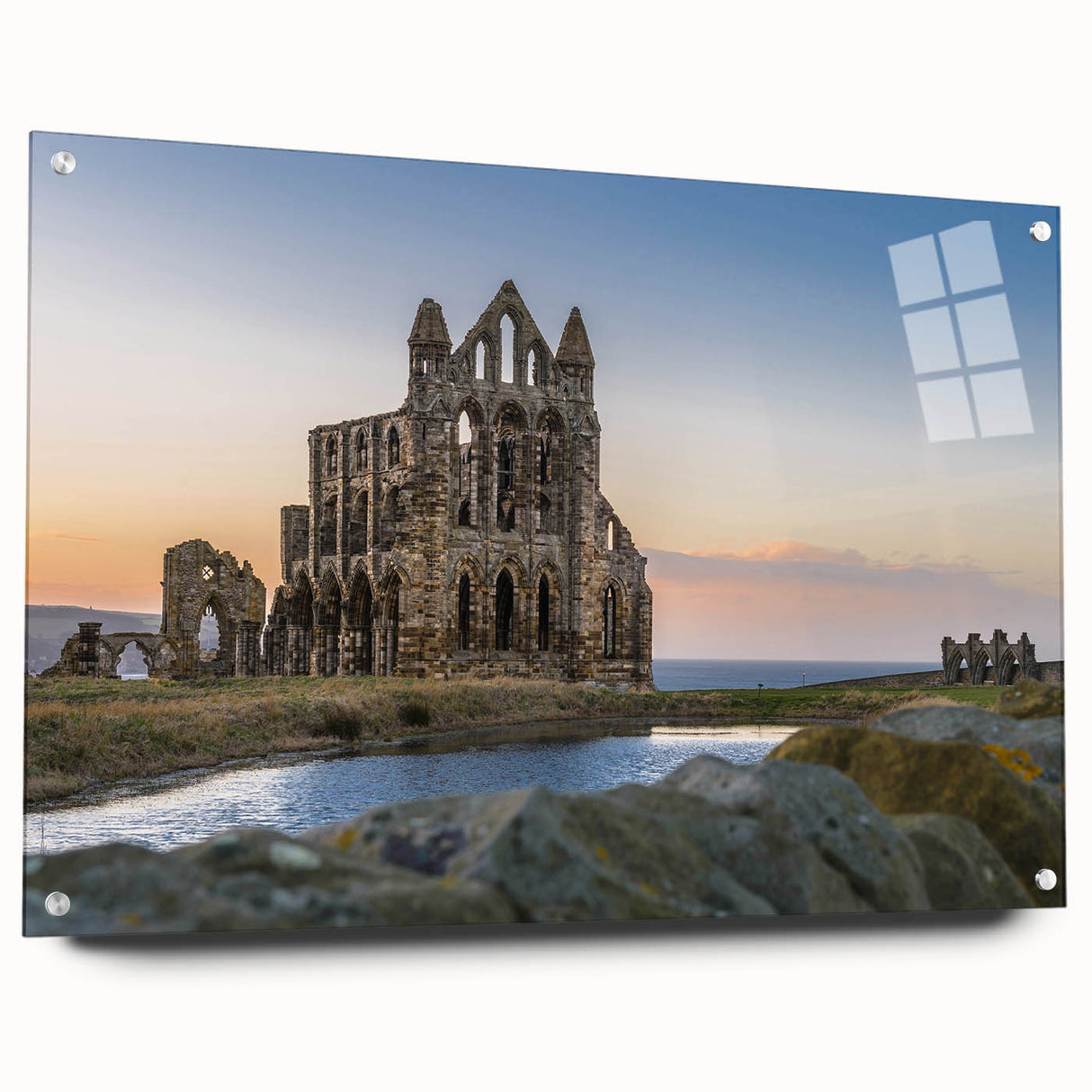 Acrylic print of ancient ruins in muted earth tones, ideal for dining room decor.