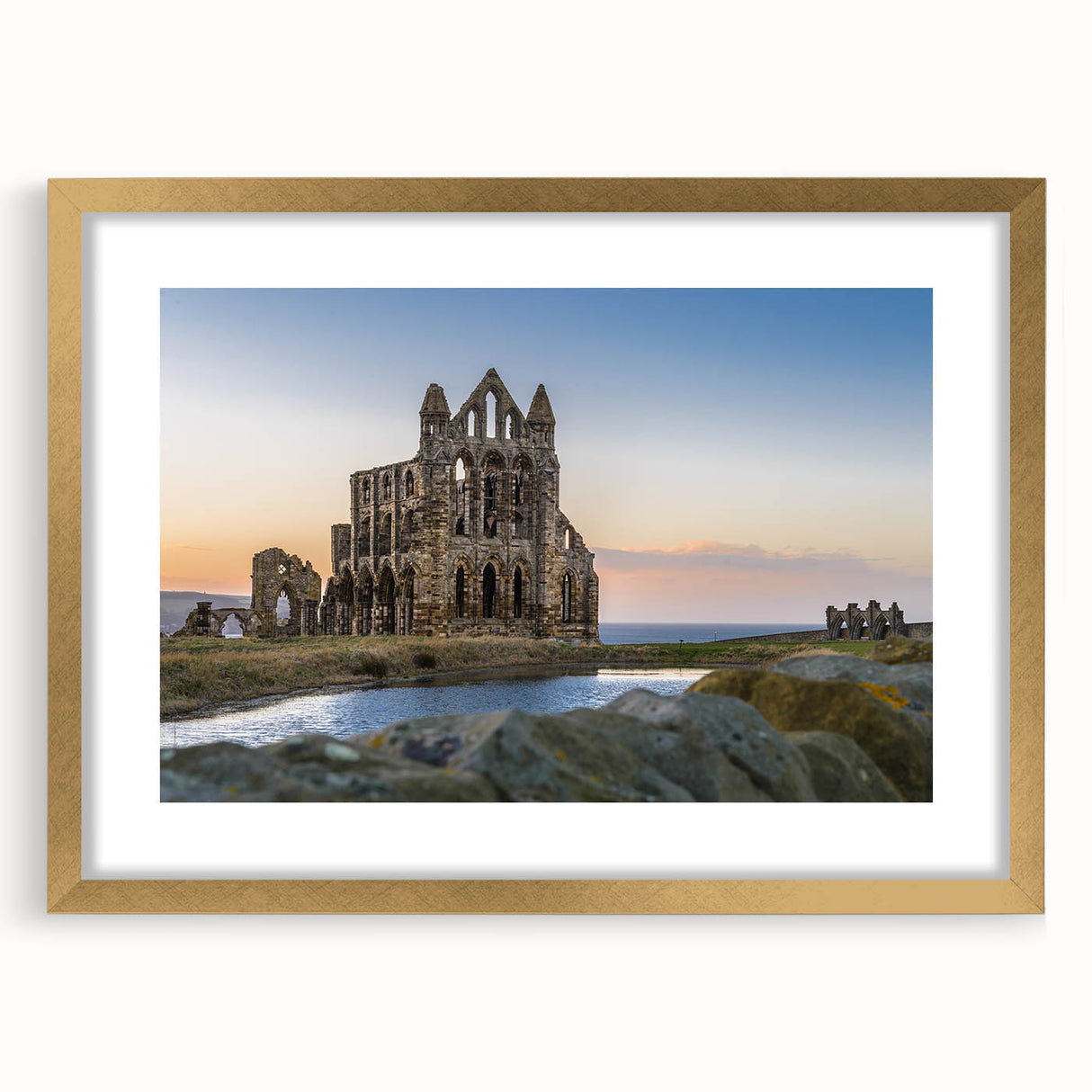 Extra large framed wall art of abstract ancient ruins in textured gold tones, ideal for living room decor.