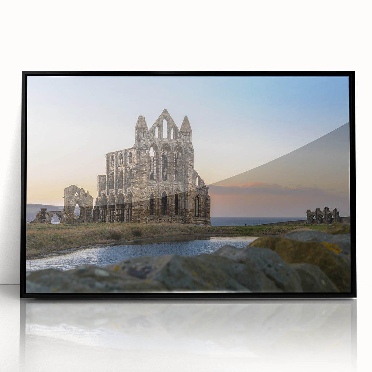 Large abstract wall art featuring mid-century modernist ruins in muted earth tones on a framed acrylic.