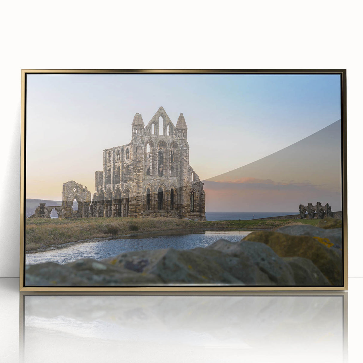 Acrylic print of ancient ruins in gold frame, featuring mid-century modernist style, suitable for modern art wall decor.
