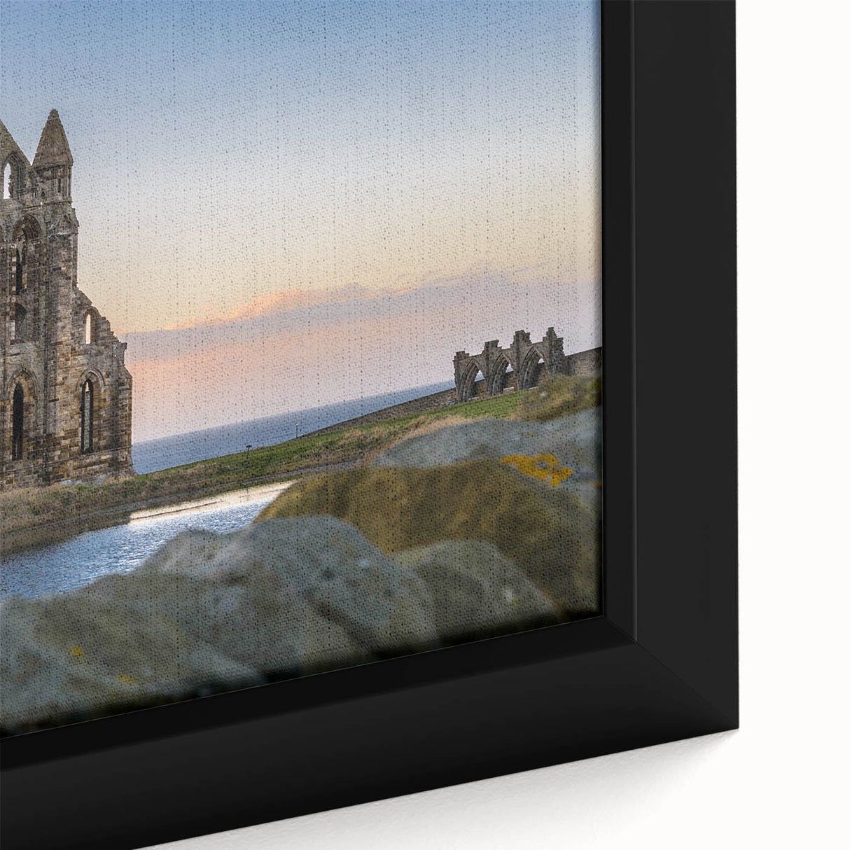 Extra large black wall art featuring a close-up of colorful, textured ancient ruins on a framed canvas.
