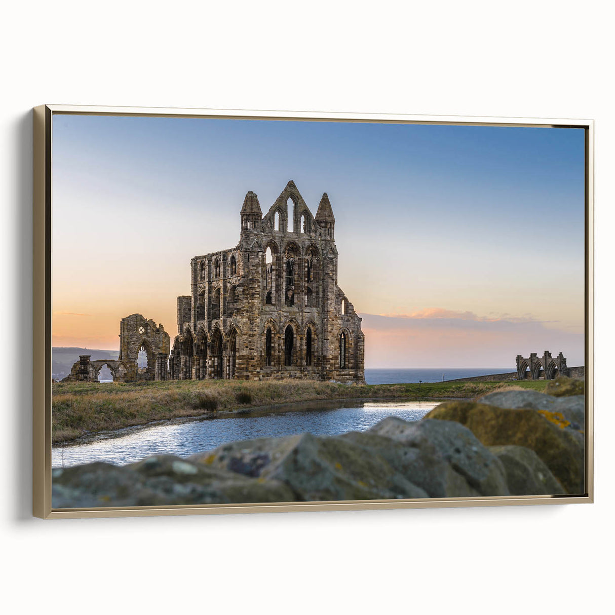 Vintage poster art of ancient ruins in colorful hues on a framed canvas, suitable for extra large living room decor.