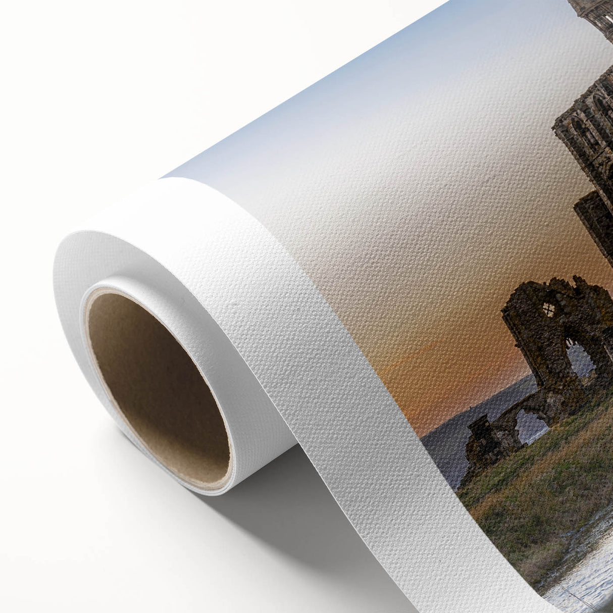 Art deco poster of ancient ruins in muted earth tones on rolled canvas, ideal for nursery wall art.