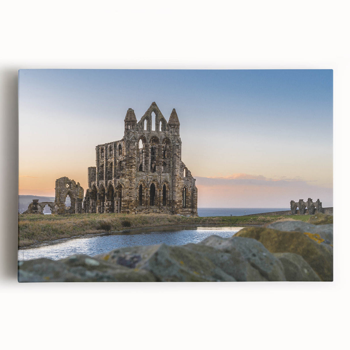 Black and white photo of ancient ruins on stretched canvas, suitable as large kitchen art.
