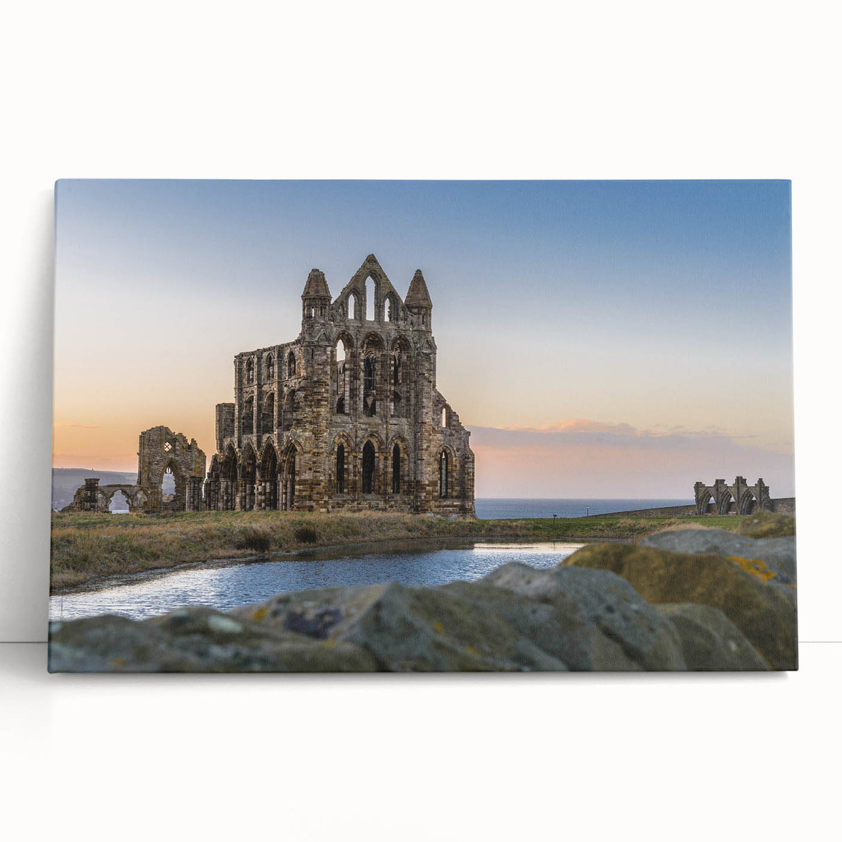 Black and white print of ancient ruins on a stretched canvas, ideal for kitchen wall art or bedroom ambiance.