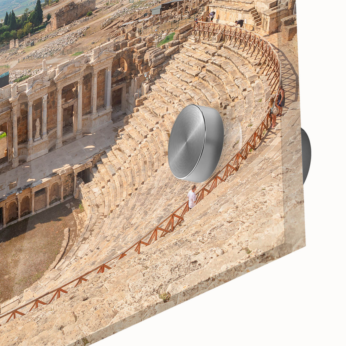 Mid-century modernist acrylic print of ancient ruins in muted earth tones, ideal for dining room art.