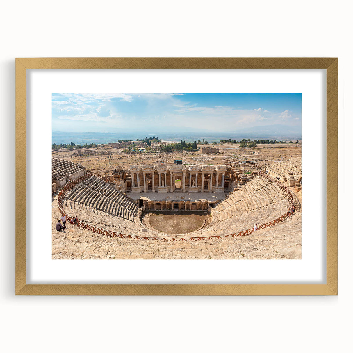Extra large abstract art print of ancient ruins in textured gold frame, ideal for living room decor.