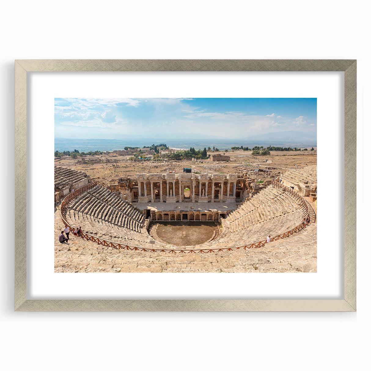 Textured art depicting ancient ruins in muted earth tones, framed in silver, ideal for bedroom wall decor.