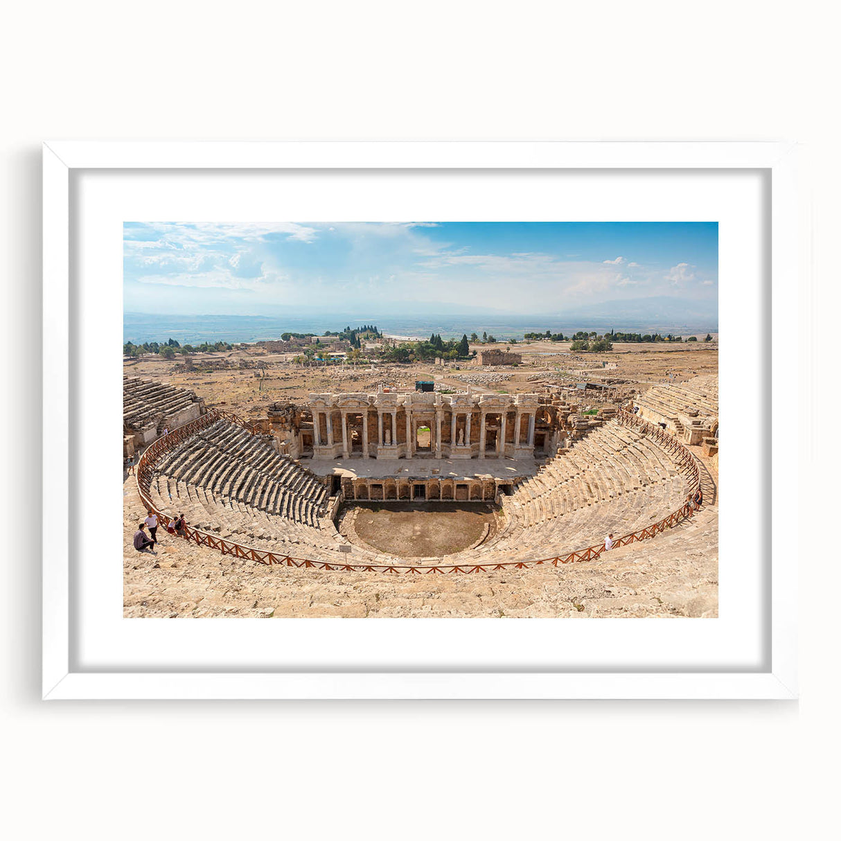 Abstract art print of ancient ruins in muted earth tones on a framed white mat, suitable for dining room decor.