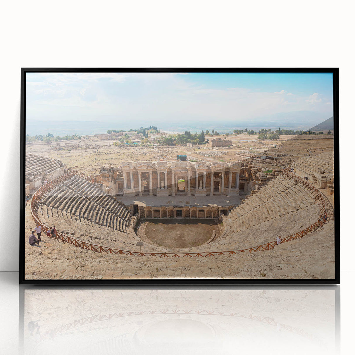 Large abstract wall art depicting ancient ruins in muted earth tones on a framed acrylic, suitable for a modern living room.