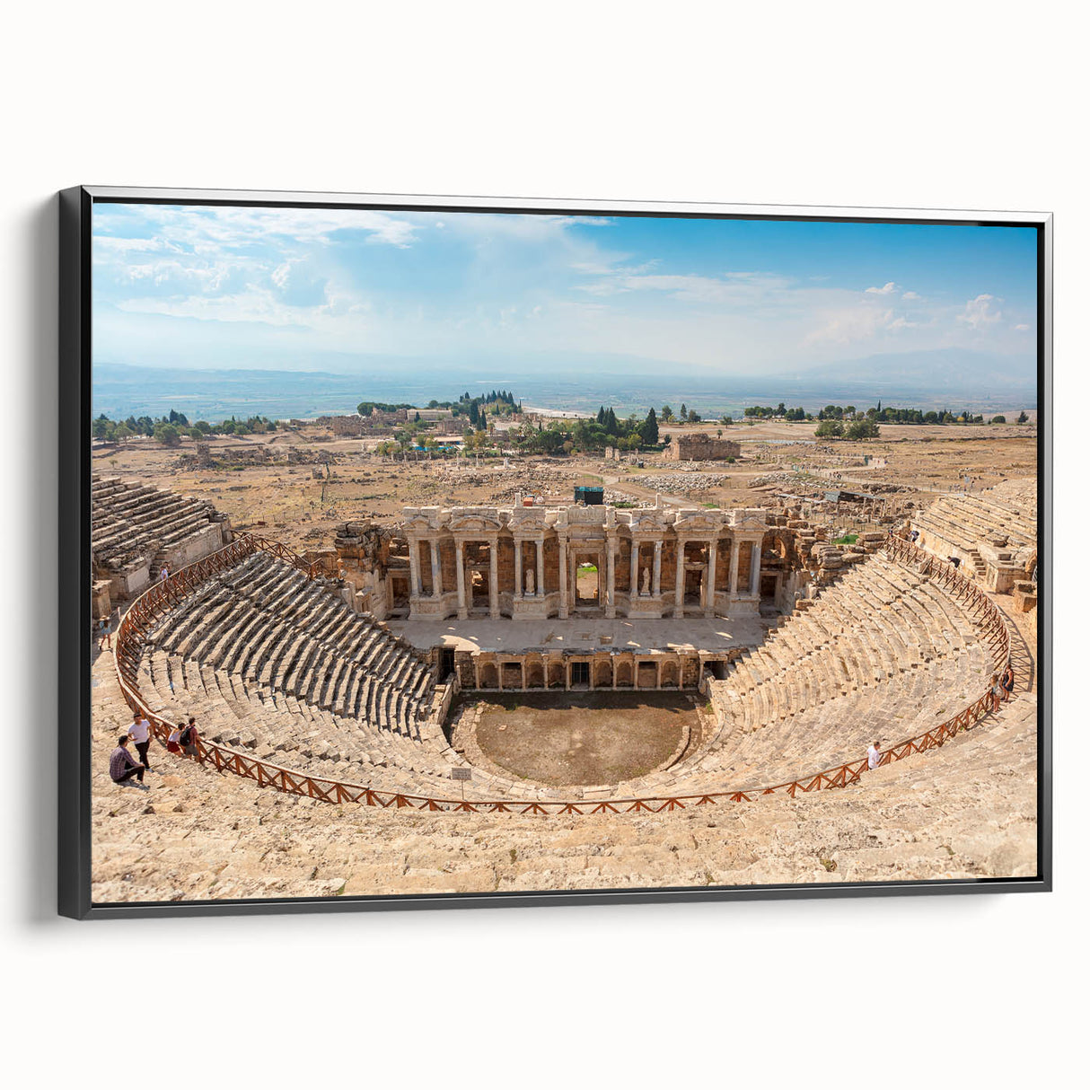 Black and white framed canvas depicting ancient ruins in a vintage poster art style, suitable for bedroom wall decor.