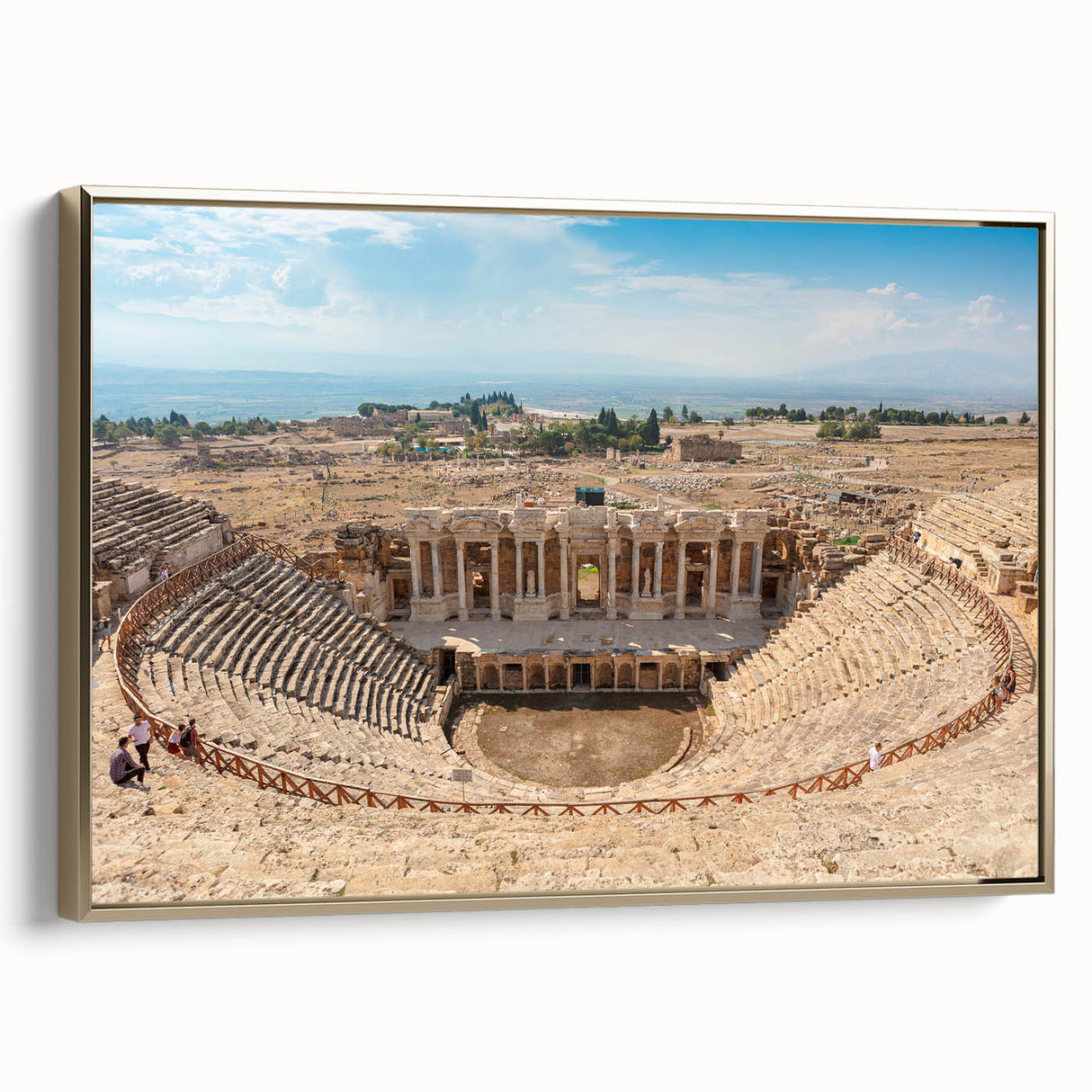 Framed canvas depicting ancient ruins in a vintage poster style with a gold frame, ideal for bedroom wall art.