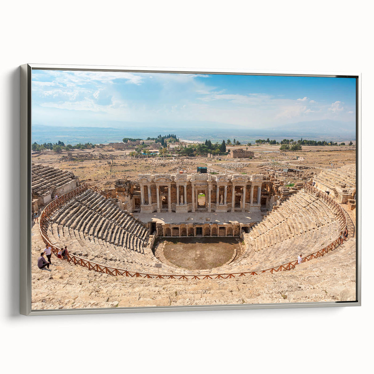 Framed canvas of an ancient ruins landscape in muted earth tones, ideal for adding a vintage touch to any room.