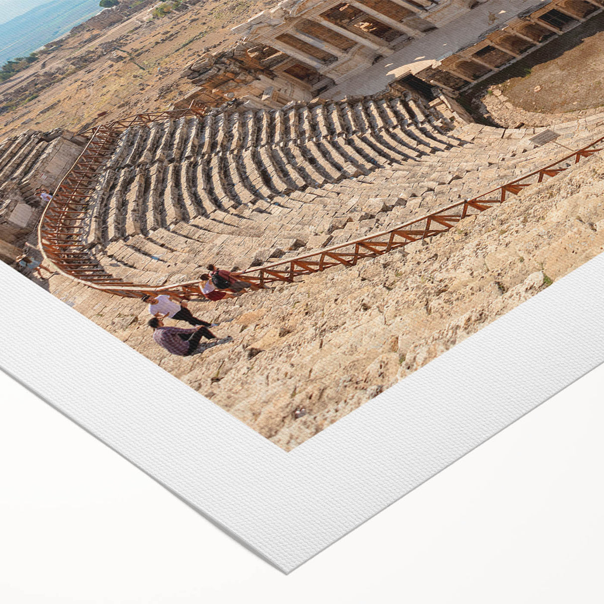 Art deco poster of ancient ruins in muted earth tones on rolled canvas, suitable for dining room or bathroom wall art.