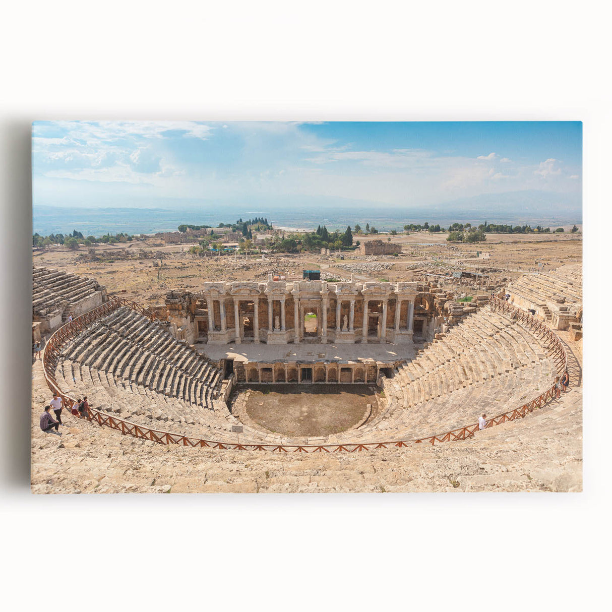Black and white photo of ancient architectural ruins on stretched canvas, suitable as large kitchen wall art.