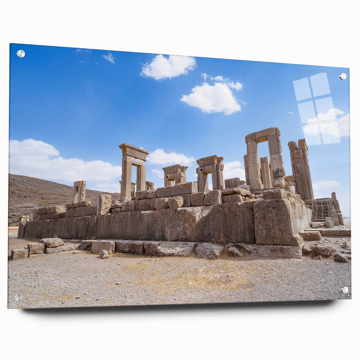 Acrylic print of ancient architecture ruins in muted earth tones, suitable for dining room or bedroom decor.