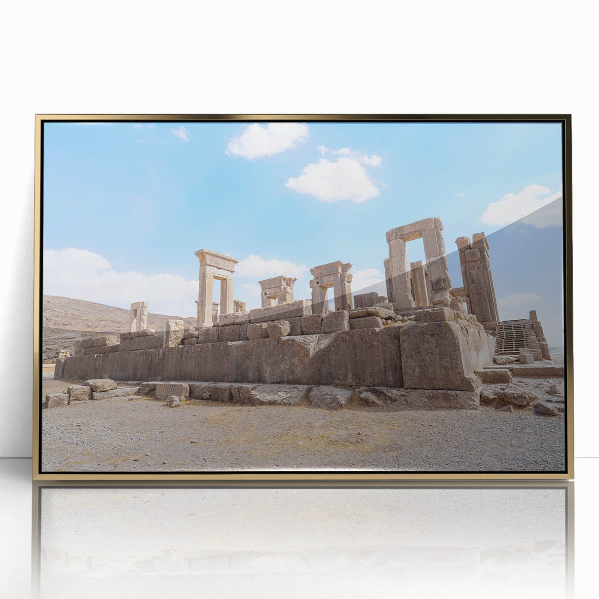 Large art print of ancient ruins in gold frame, mid-century modernist style, ideal for modern art wall decor.