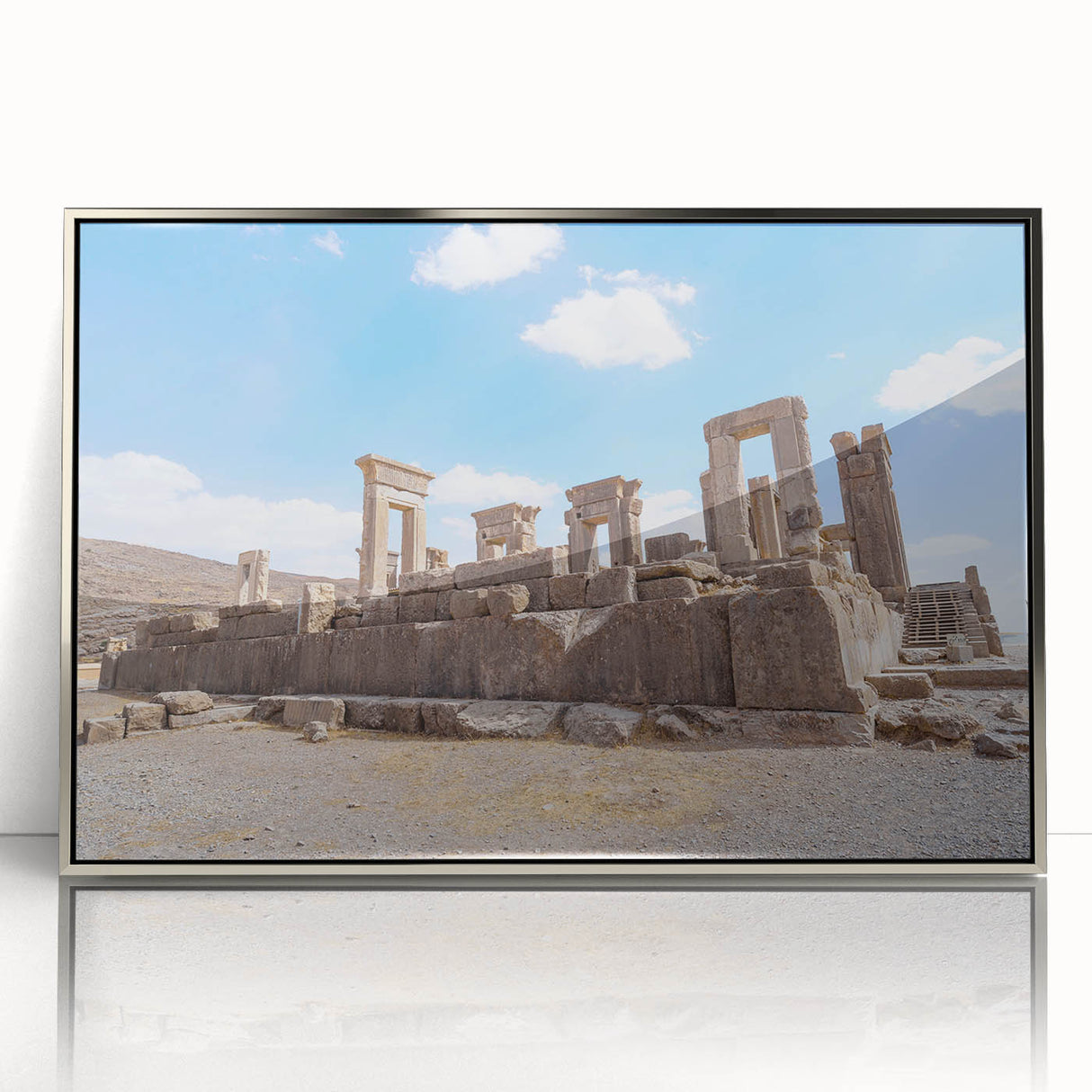 Mid-century modernist art depicting ancient ruins in muted earth tones, framed in silver acrylic, suitable for modern decor.