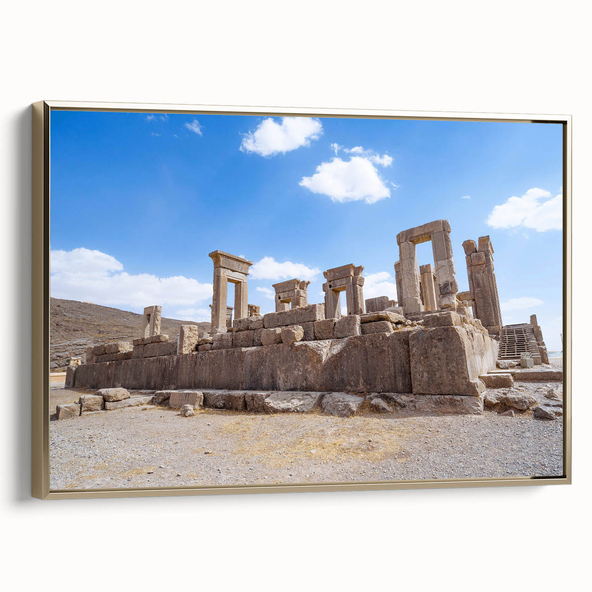 Framed canvas of ancient ruins in black and gold, ideal for bedroom wall art with a vintage poster style.