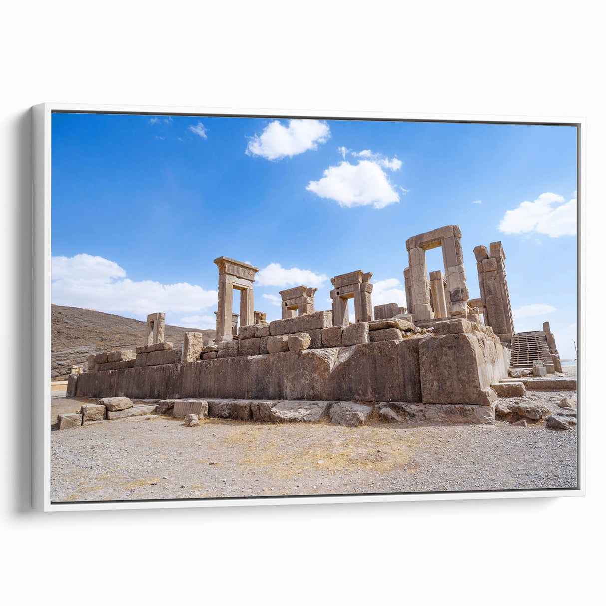 Vintage poster art of ancient ruins in vibrant colors on a large framed canvas, ideal for living room decor.