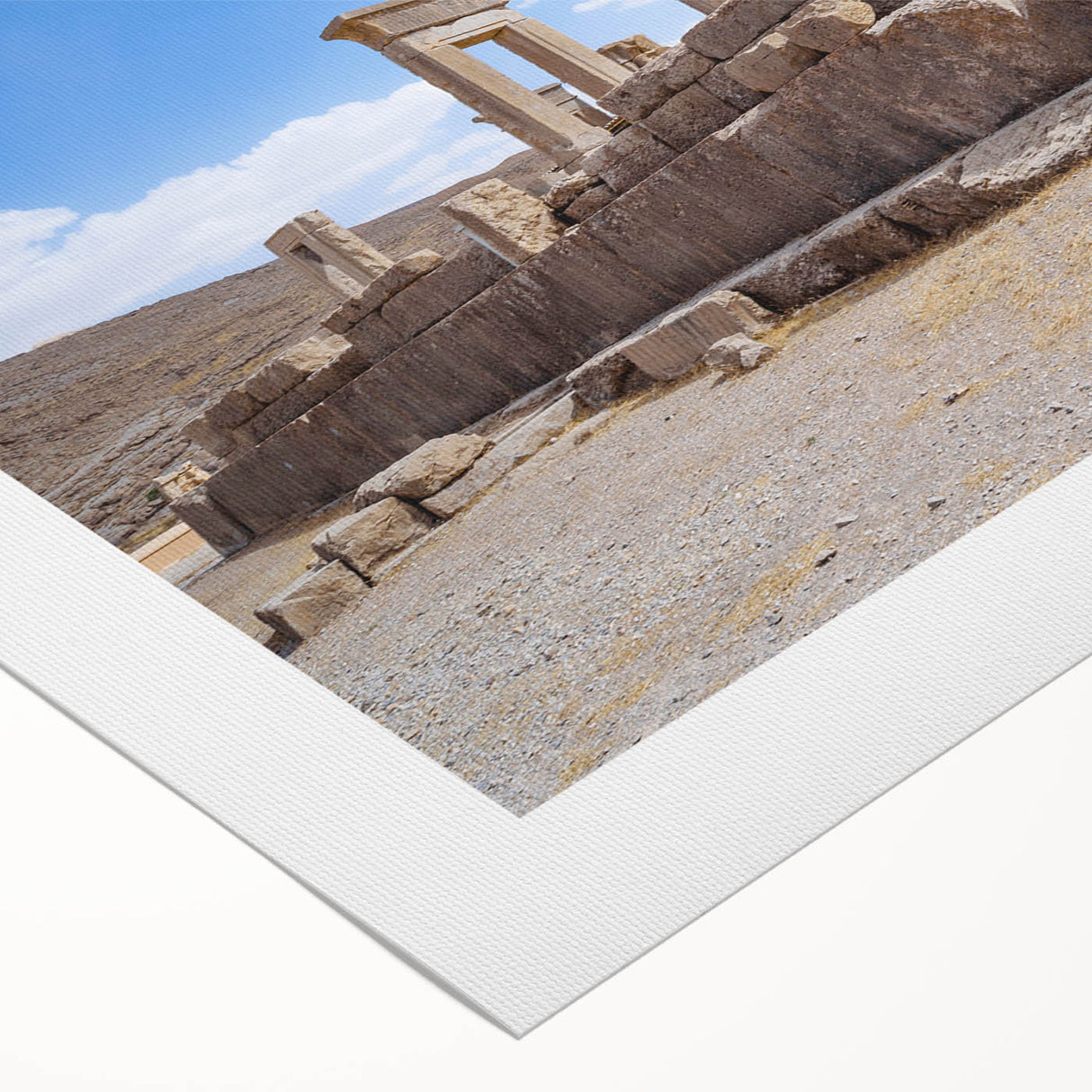 Art deco poster of ancient ruins in muted earth tones on rolled canvas, suitable for dining room wall art.
