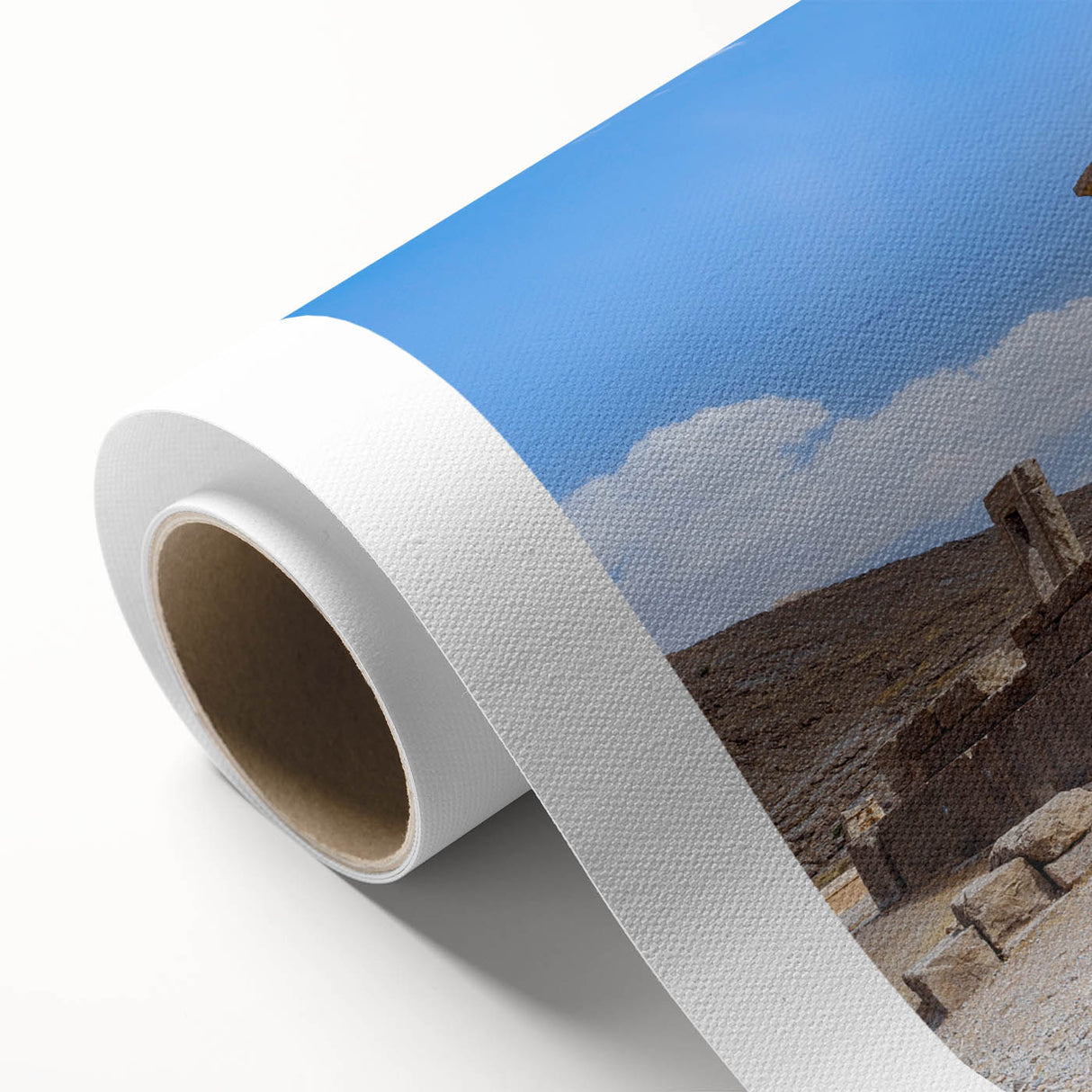 Art deco poster of ancient ruins in muted beige, ideal for nursery wall art; rolled canvas format.