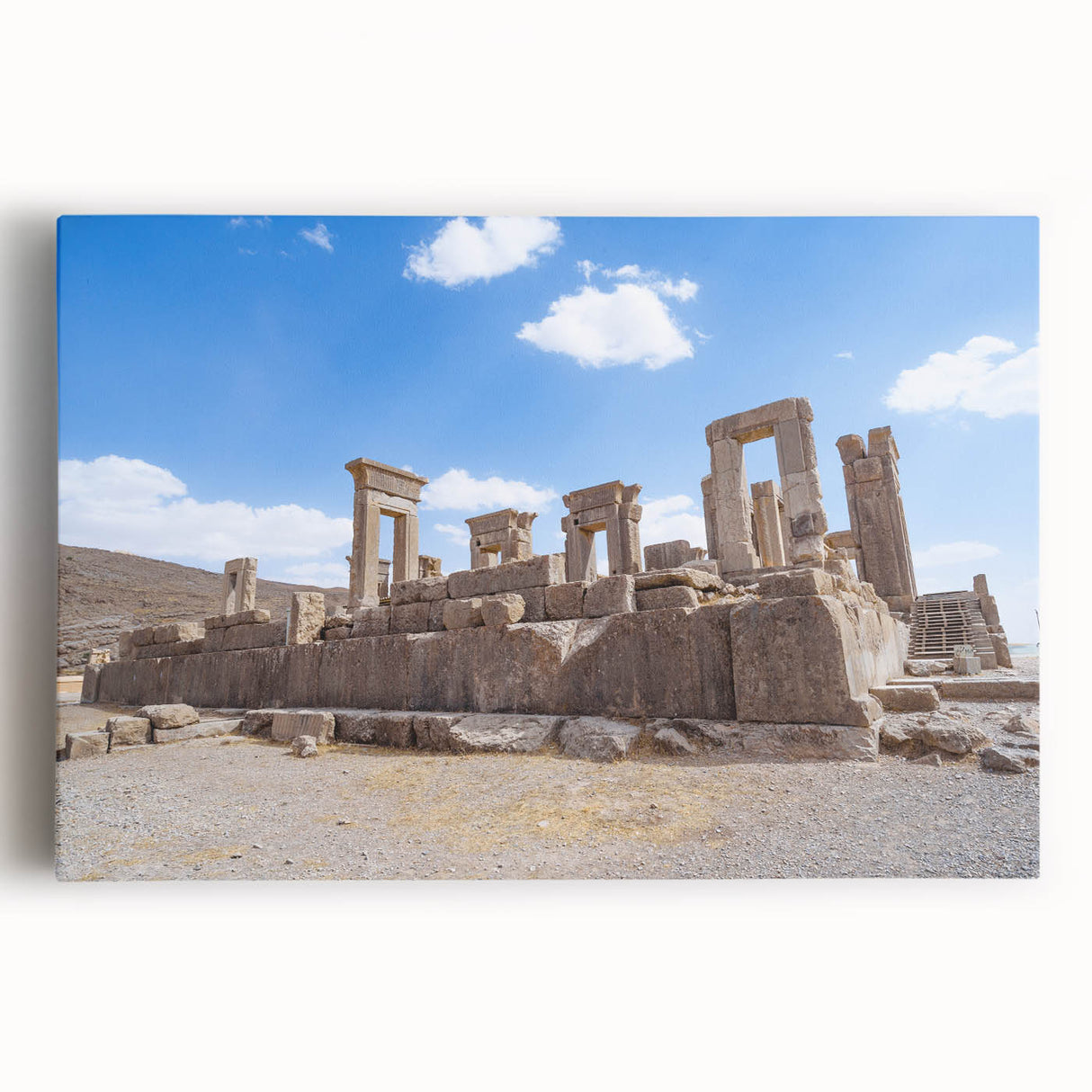 Ancient ruins depicted in black and white on a large stretched canvas, suitable as kitchen wall art.