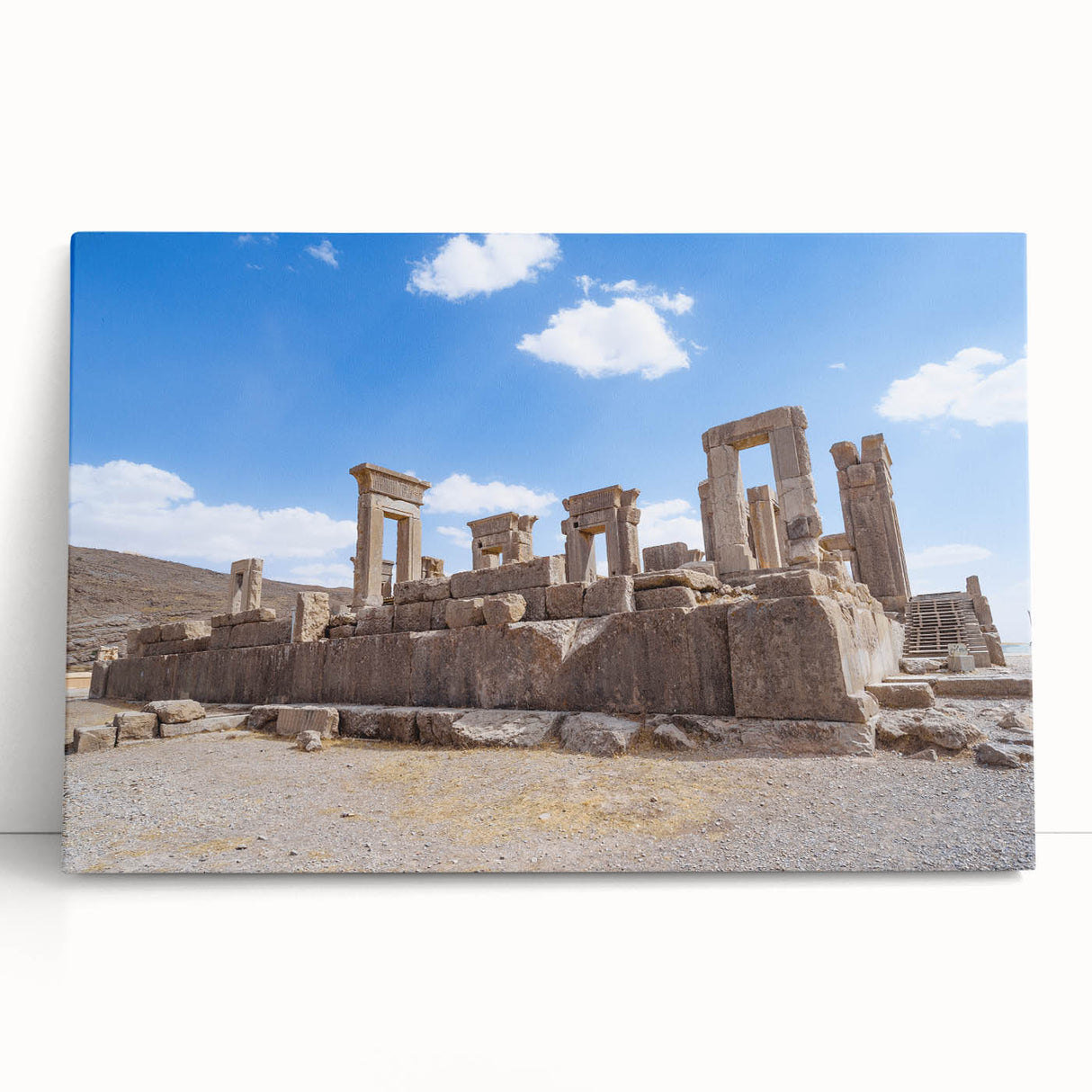 Ancient ruins in black and white on a large stretched canvas, suitable as kitchen wall art or for a bedroom.