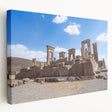 Side view of a stretched canvas featuring ancient ruins architecture in earthy tones, suitable for kitchen wall art.