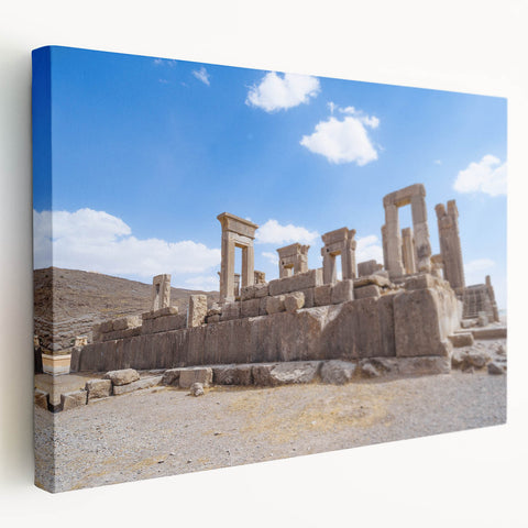 Side view of a stretched canvas featuring ancient ruins architecture in earthy tones, suitable for kitchen wall art.