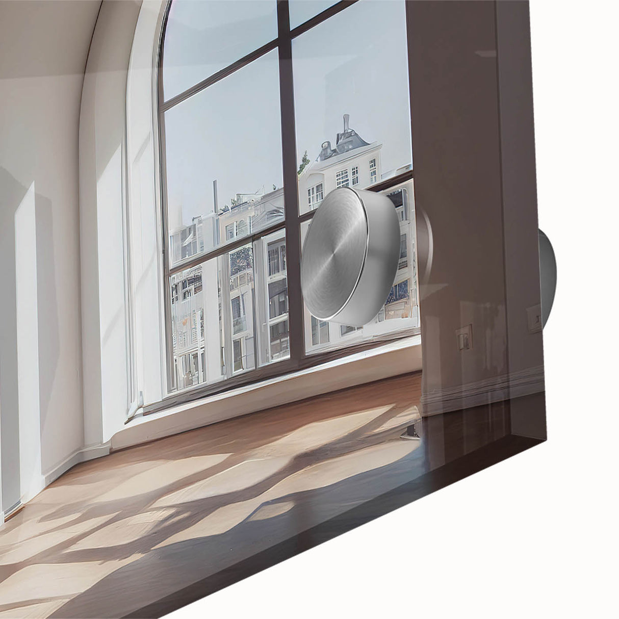 Large abstract wall art featuring mid-century modernist arches in muted earth tones on acrylic glass.