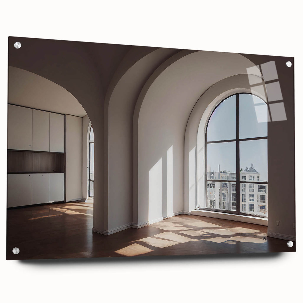 Large abstract wall art featuring a series of arches in monochrome tones on acrylic glass.