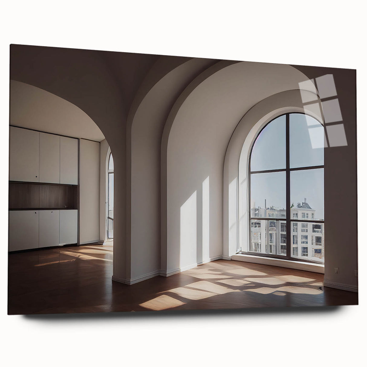 Large abstract wall art featuring geometric arches in monochrome shades, acrylic glass format.