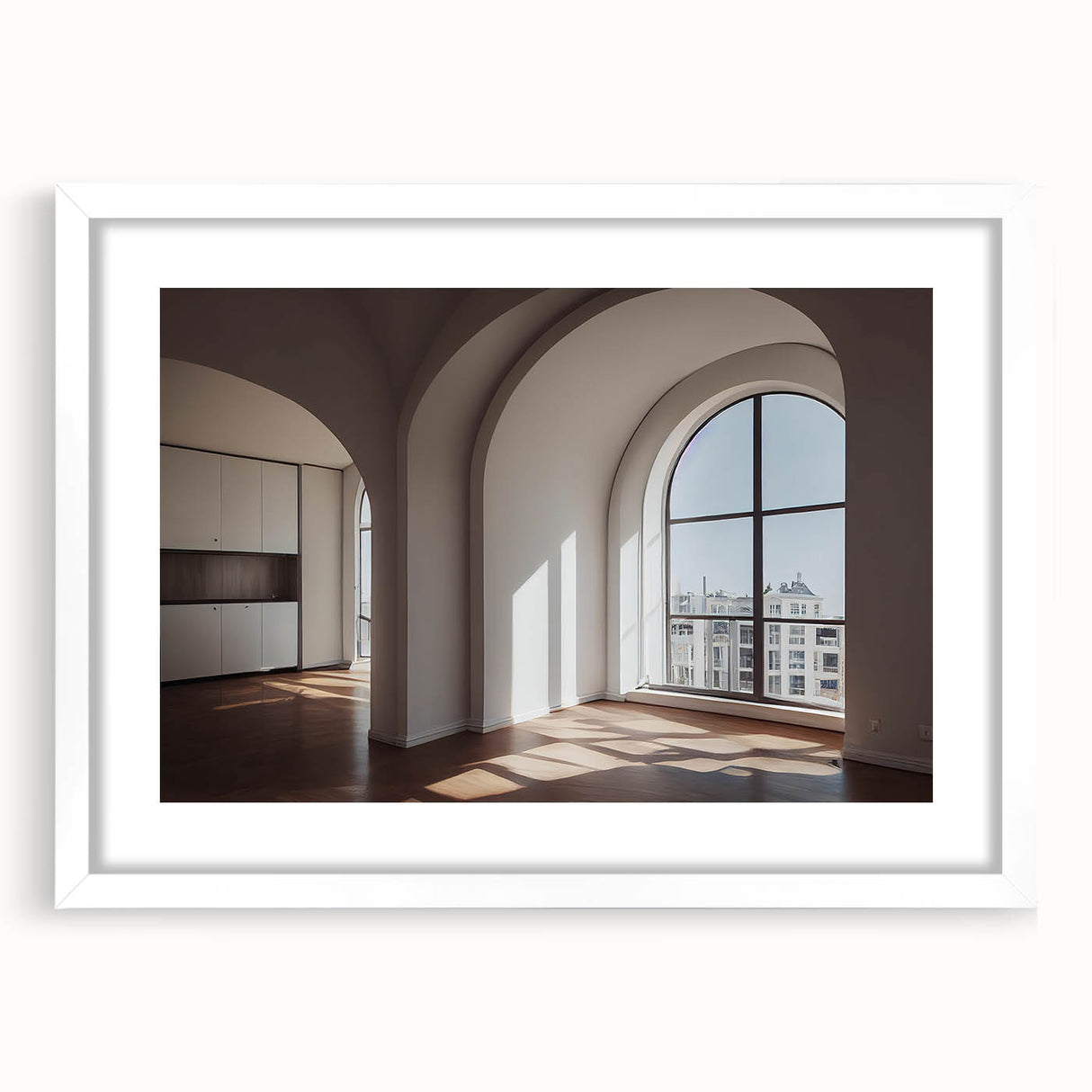 Extra large abstract art print featuring textured arches in neutral tones, framed with a white mat.