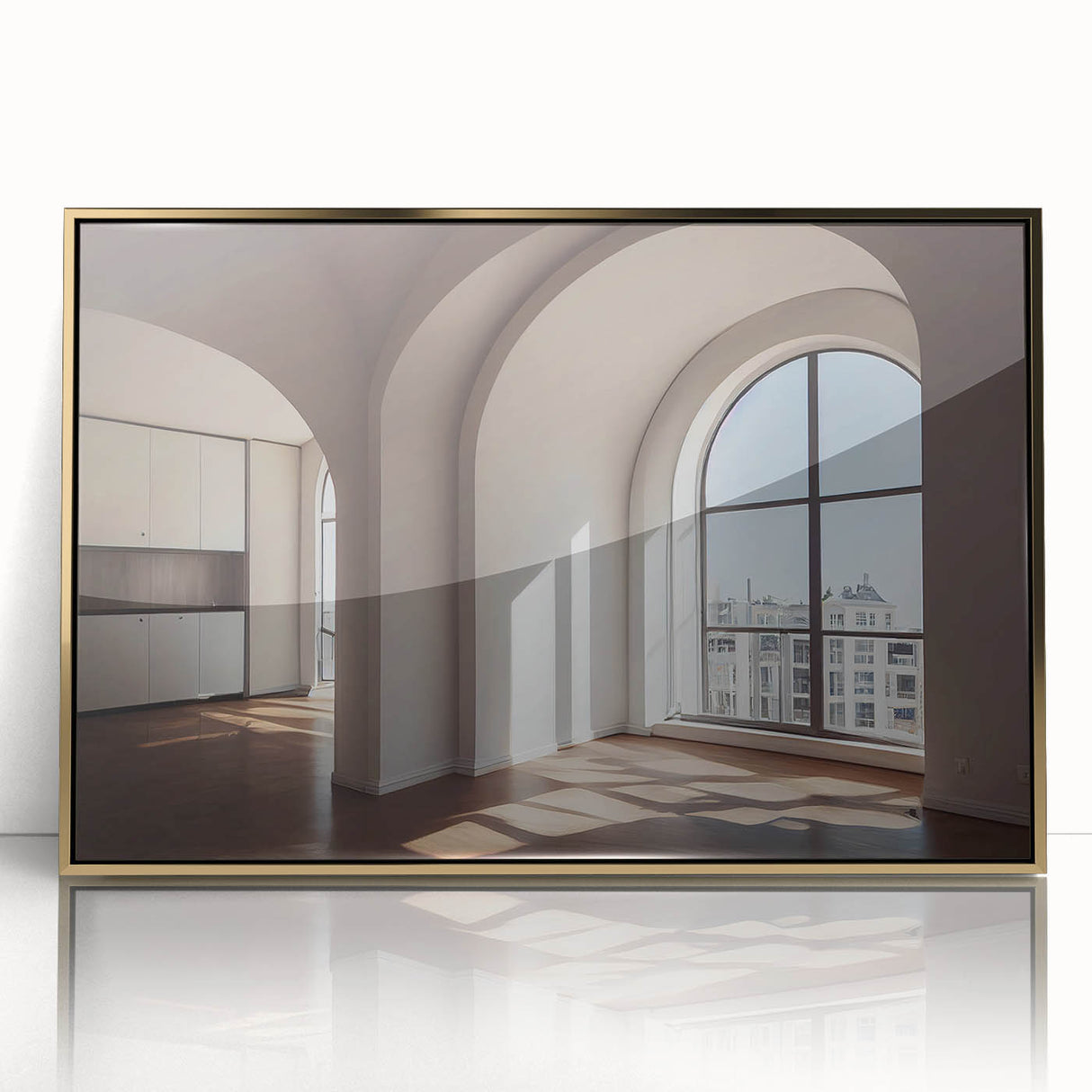 Mid-century modernist art depicting architectural arches in gold and white tones on a framed acrylic.