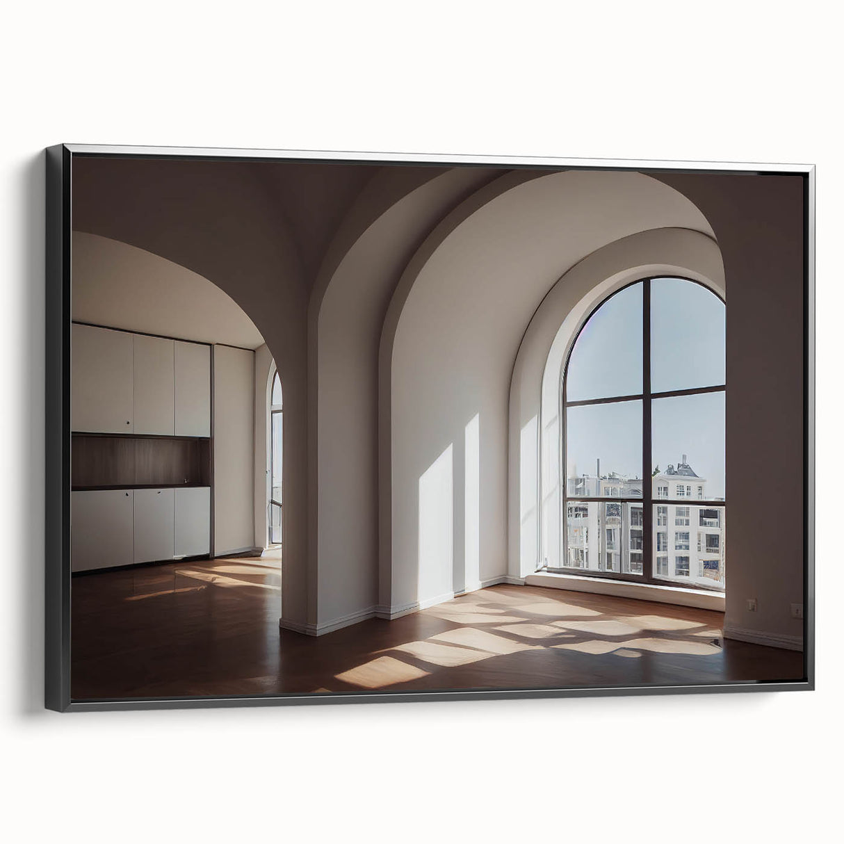 Black and white vintage poster art of architectural arches on framed canvas, suitable for bedroom wall decor.