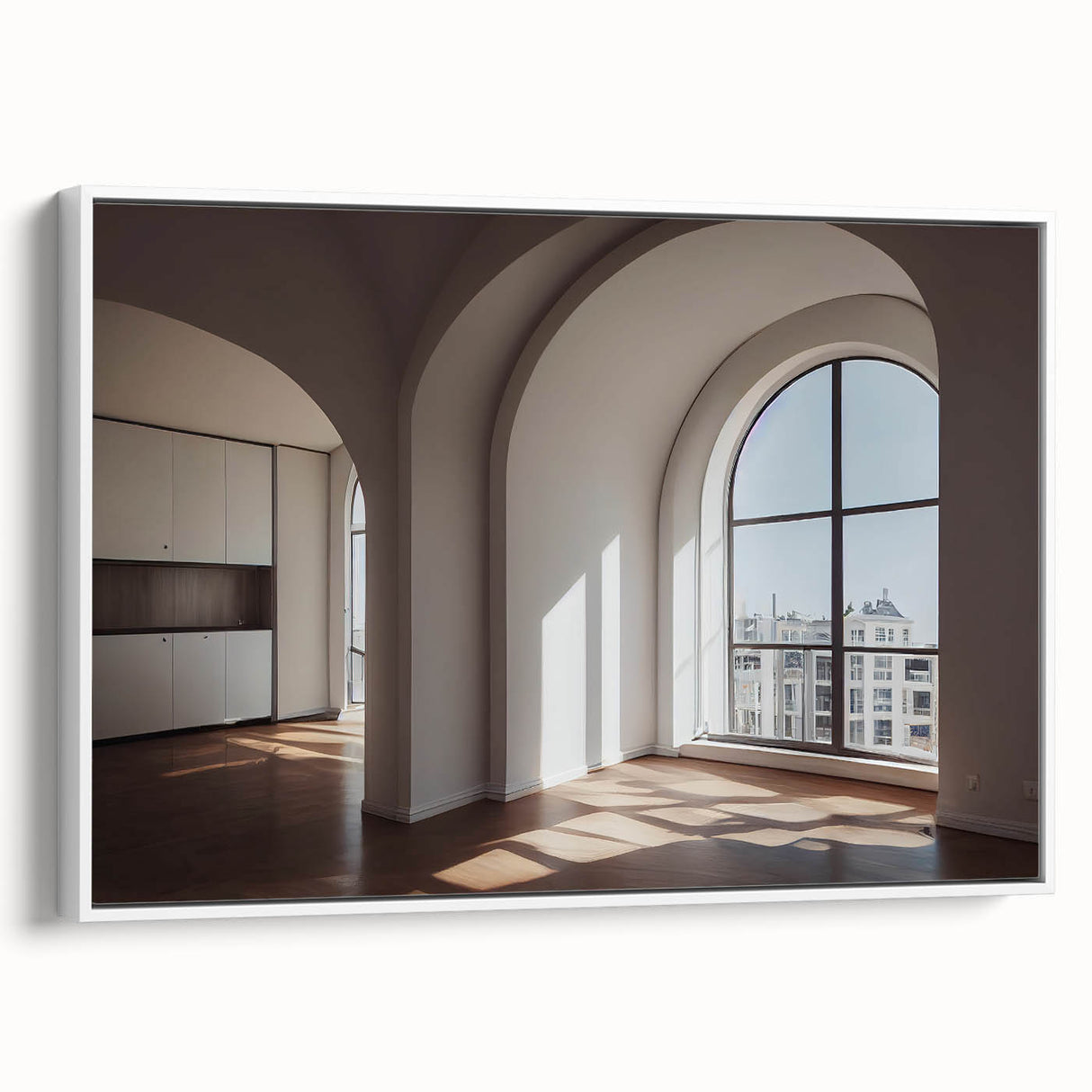 Vintage poster art of architectural arches in black and colorful hues on extra large framed canvas.