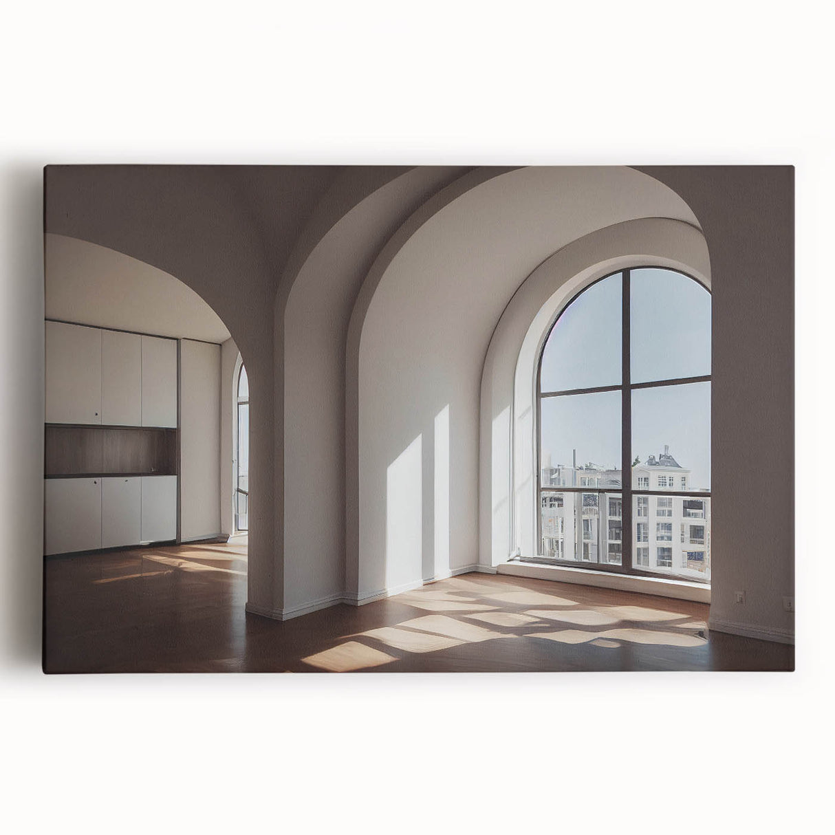 Black and white photo of architectural arches on a stretched canvas, ideal for kitchen wall art or bedroom ambiance.