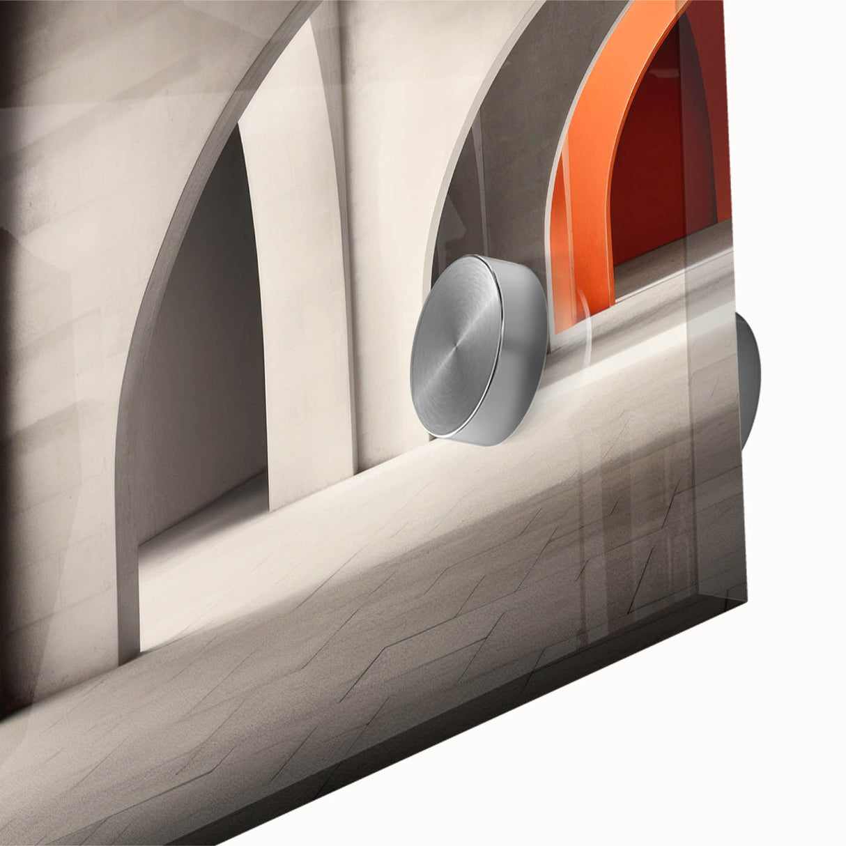 Large abstract wall art on acrylic glass featuring arches in muted earth tones, ideal for dining room ambiance.