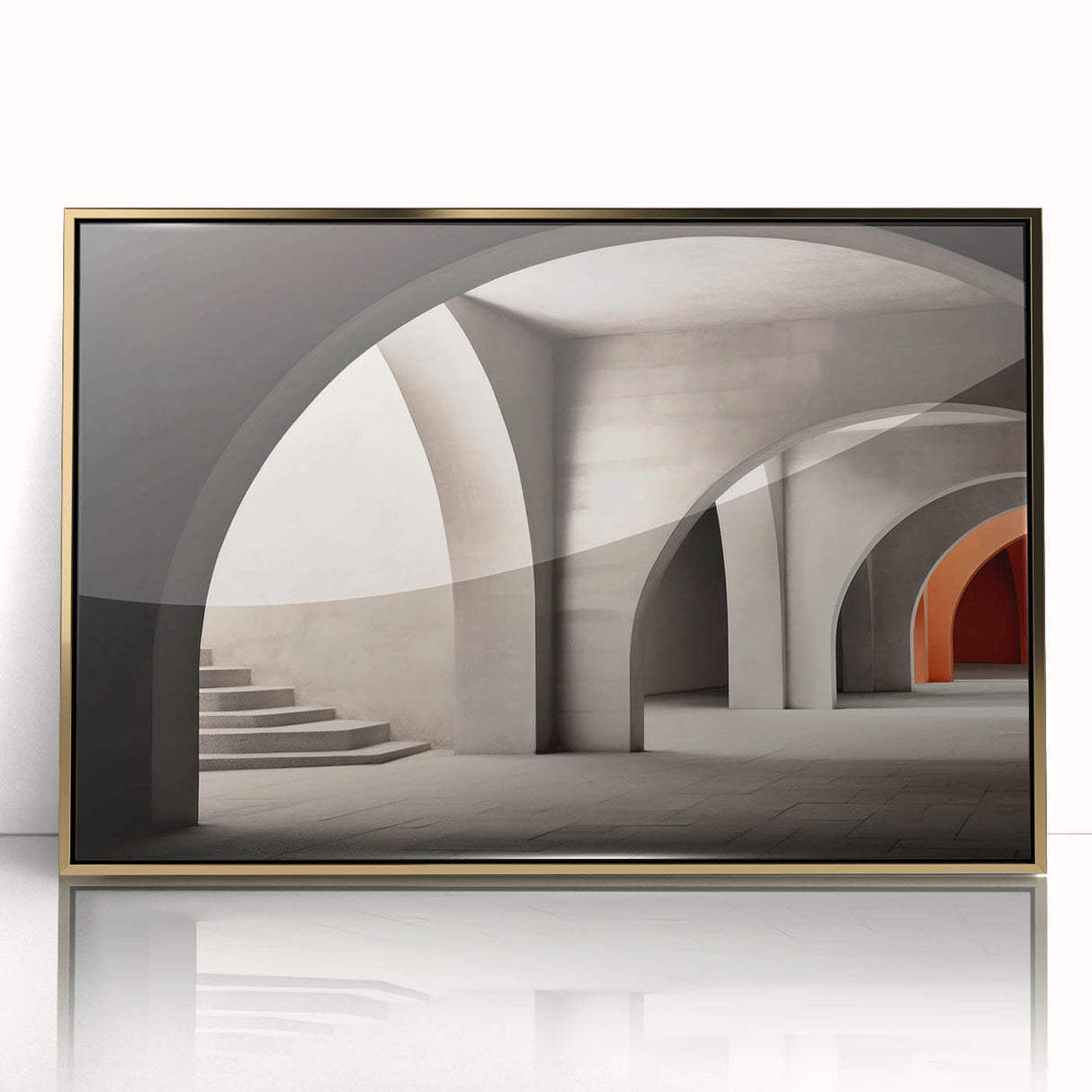 Mid-century modernist art depicting architectural arches in muted gold tones on acrylic, ideal for nursery wall decor.