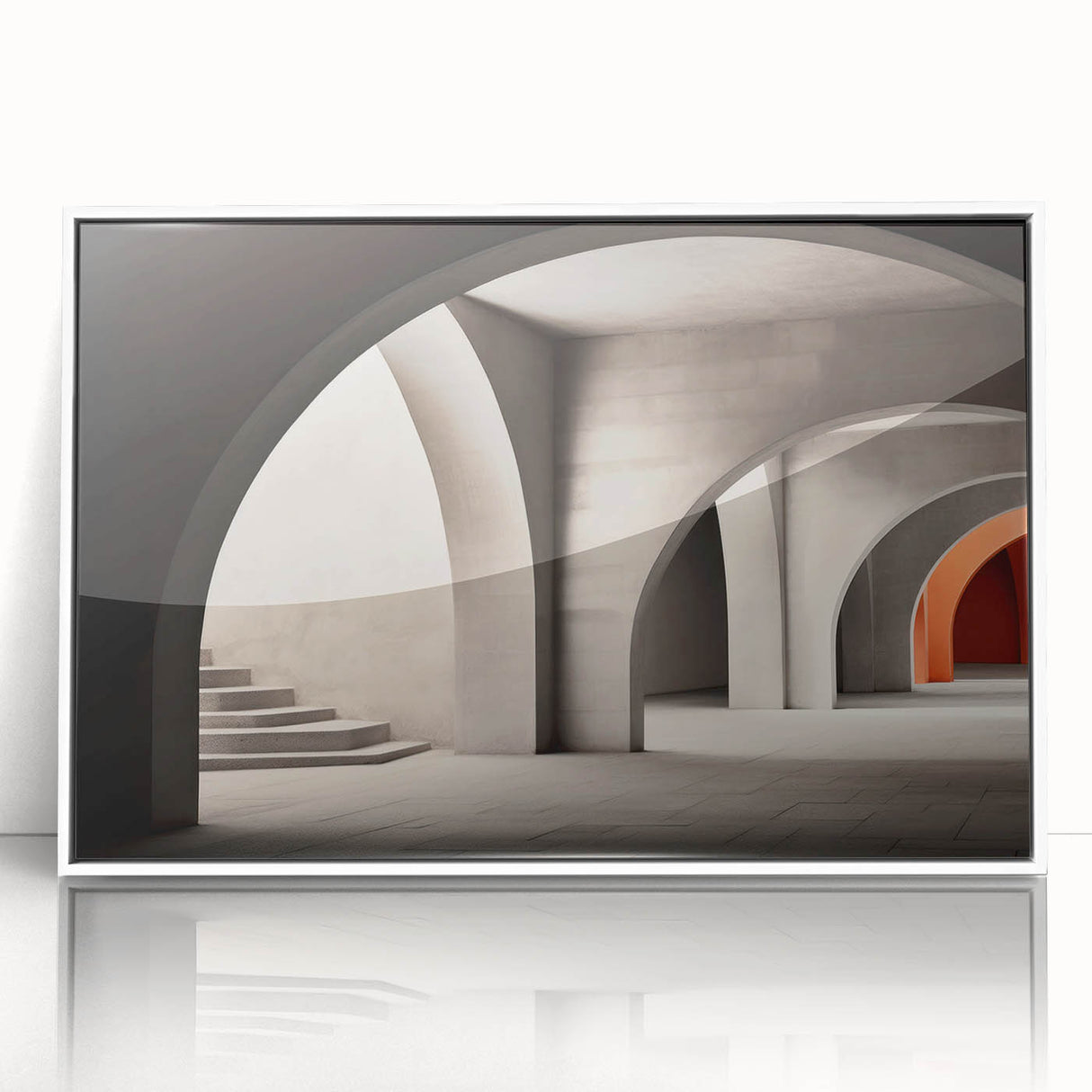 Mid-century modernist arch design in muted earth tones on a framed acrylic print, suitable for modern art wall decor.