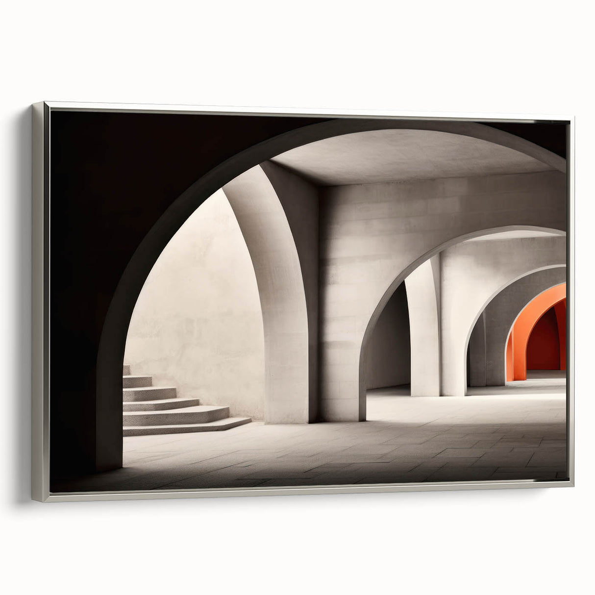 Black and white framed canvas of architectural arches in a vintage poster style, ideal for bedroom wall decor.