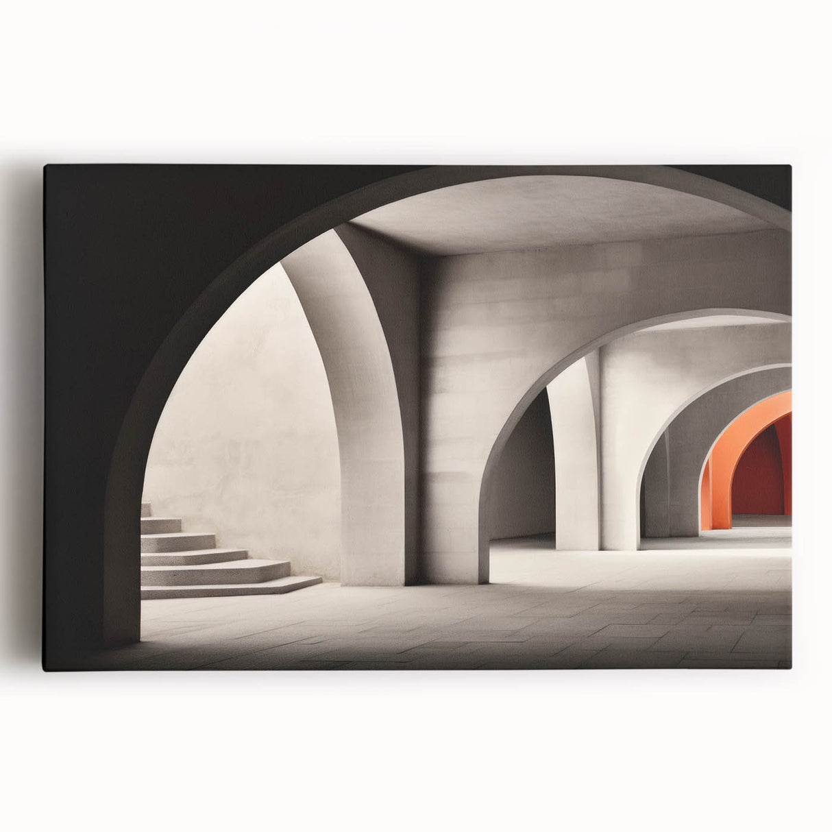 Black and white photo of architectural arches on stretched canvas, suitable as large kitchen wall art or bedroom decor.