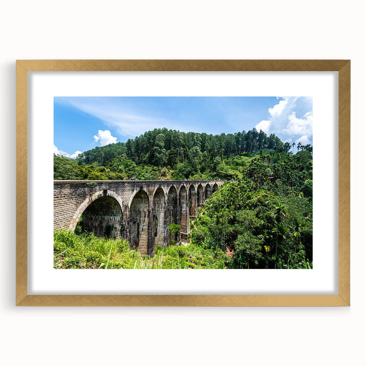 Abstract art print featuring geometric arches in gold and black, framed with a matte finish.
