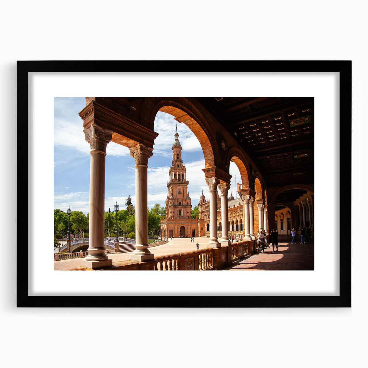 Extra large abstract art print featuring textured, colorful arches on a black framed canvas, ideal for living room decor.