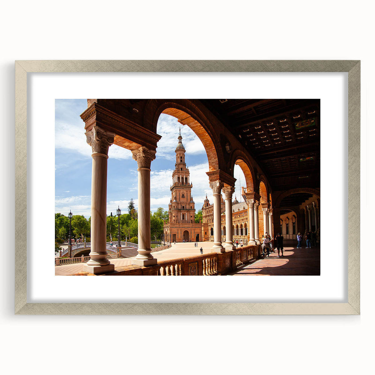 Textured art print of architectural arches in muted gray, framed in silver, ideal for modern bedroom ambiance.