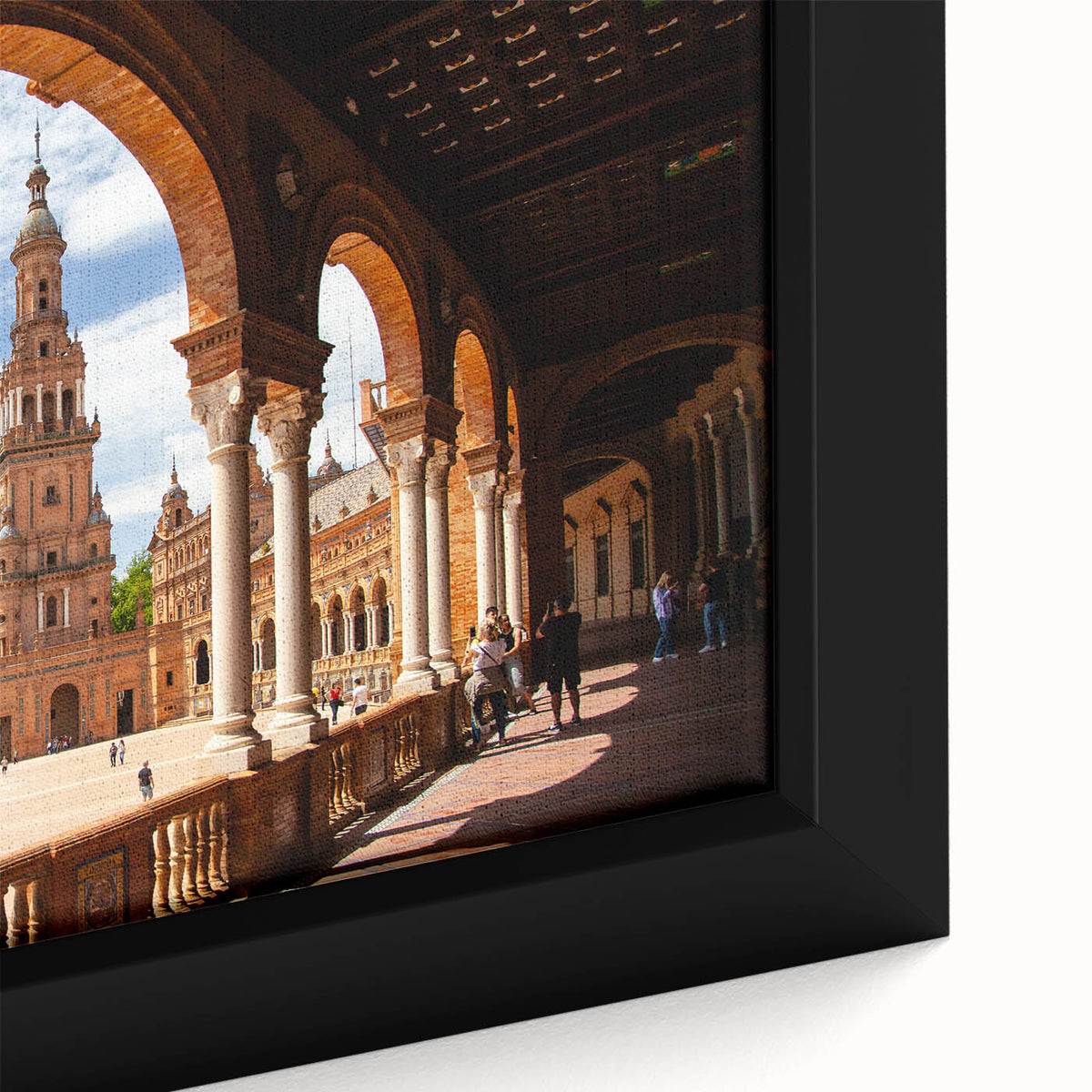 Framed canvas featuring a close-up of black textured art with colorful arch designs.