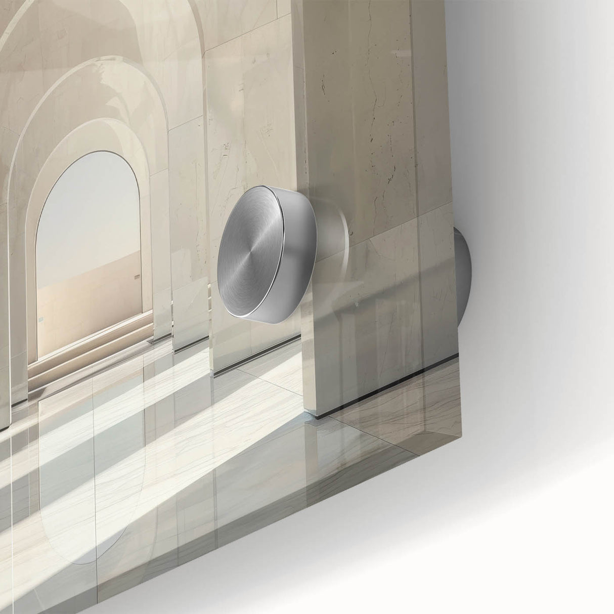 Large abstract wall art featuring mid-century modernist arches in muted earth tones, acrylic print.