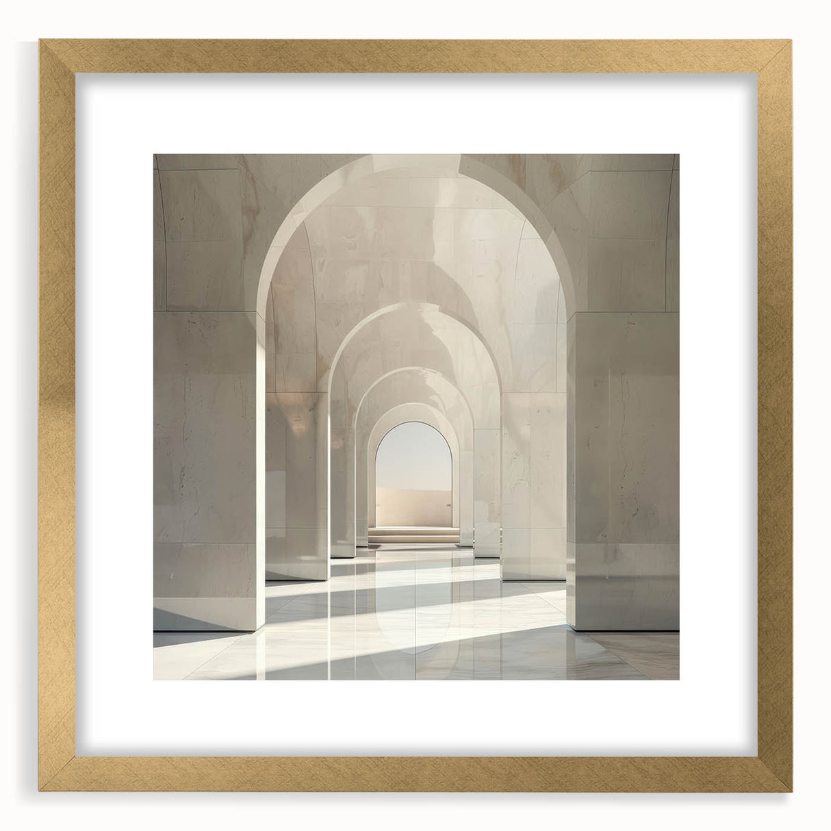 Abstract art print featuring geometric arches in gold and black tones on a framed canvas.