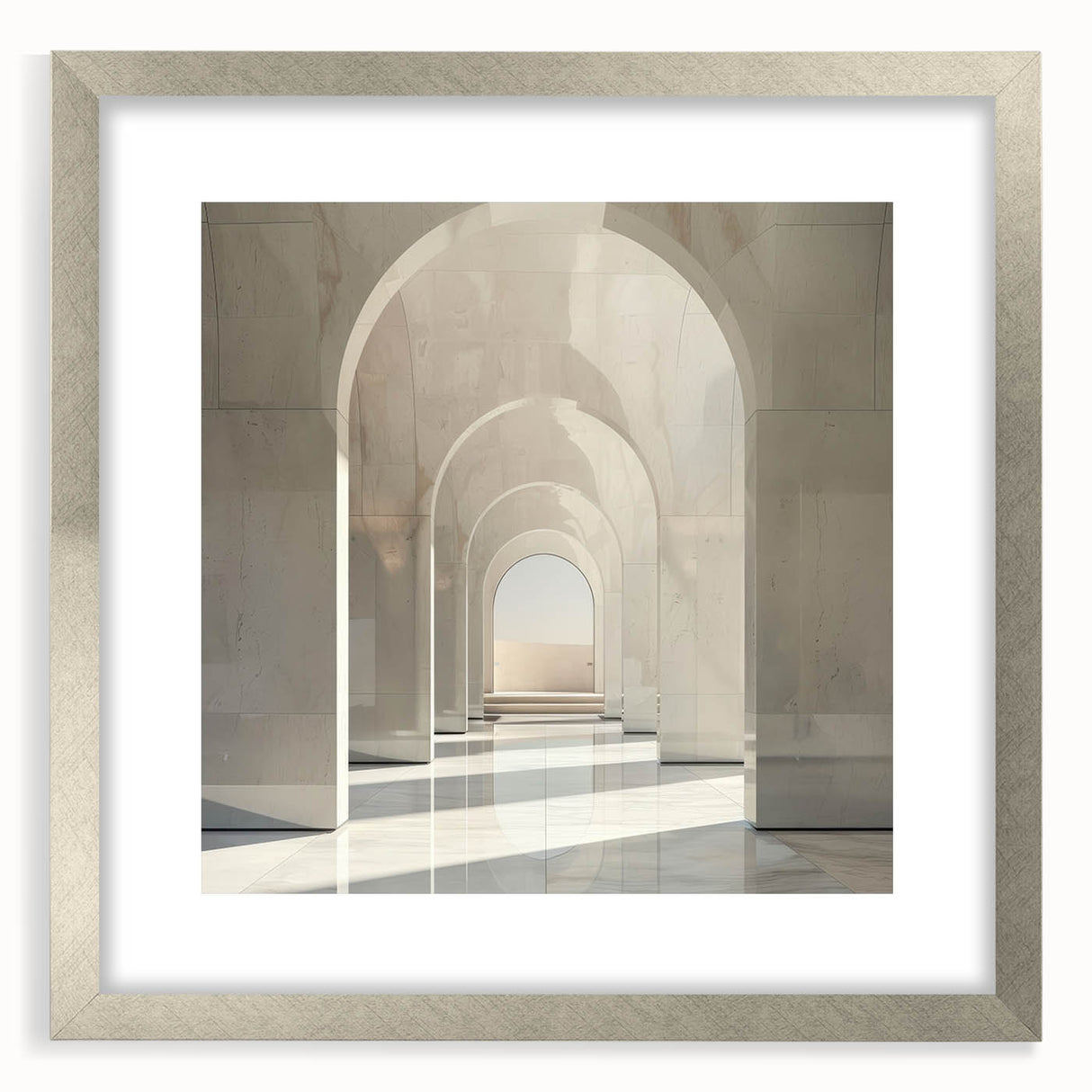 Textured abstract art print featuring a series of arches in muted gray tones on a silver-framed mat, ideal for bedroom decor.